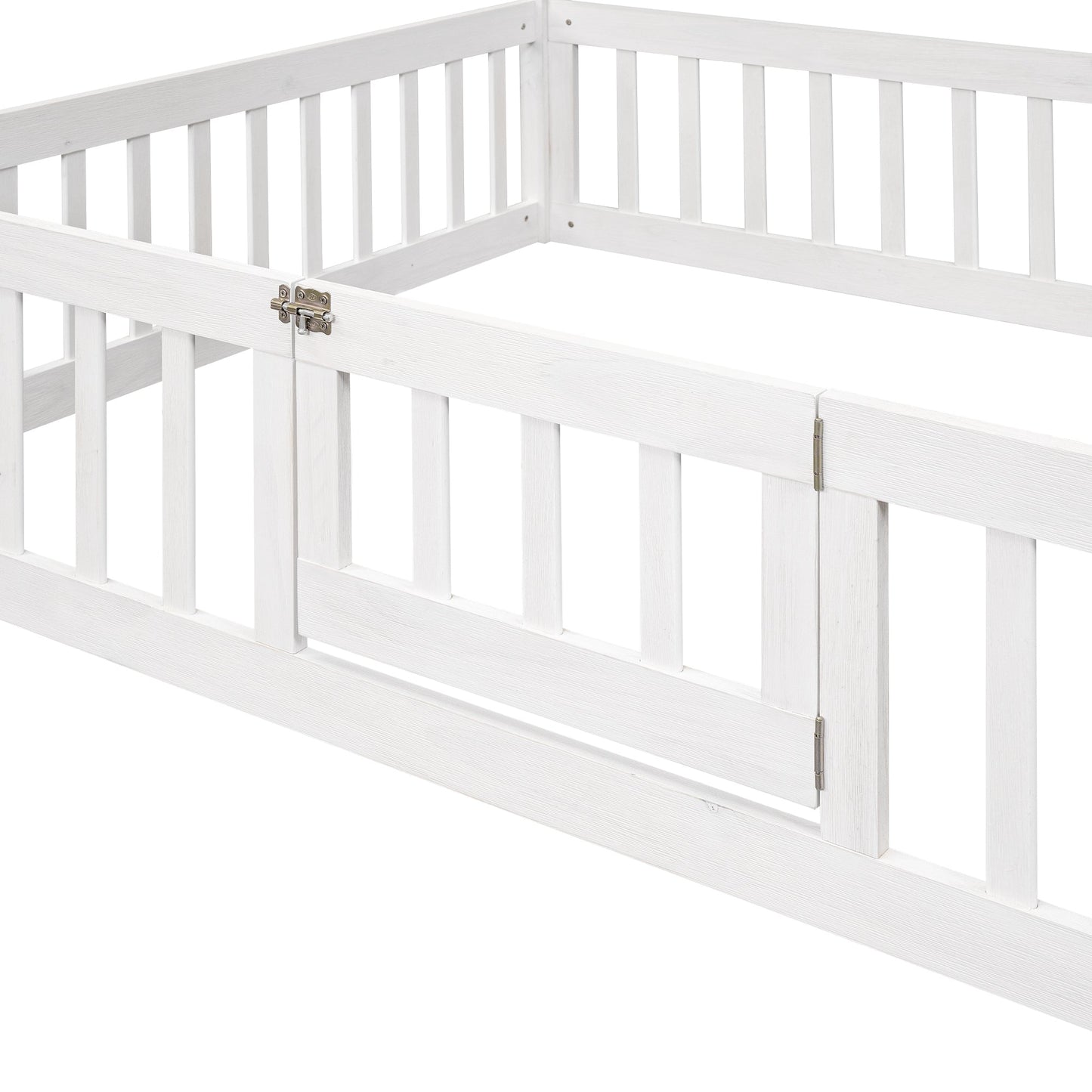 Full Size Wood House Bed with Fence and Door White Wash - Korvel