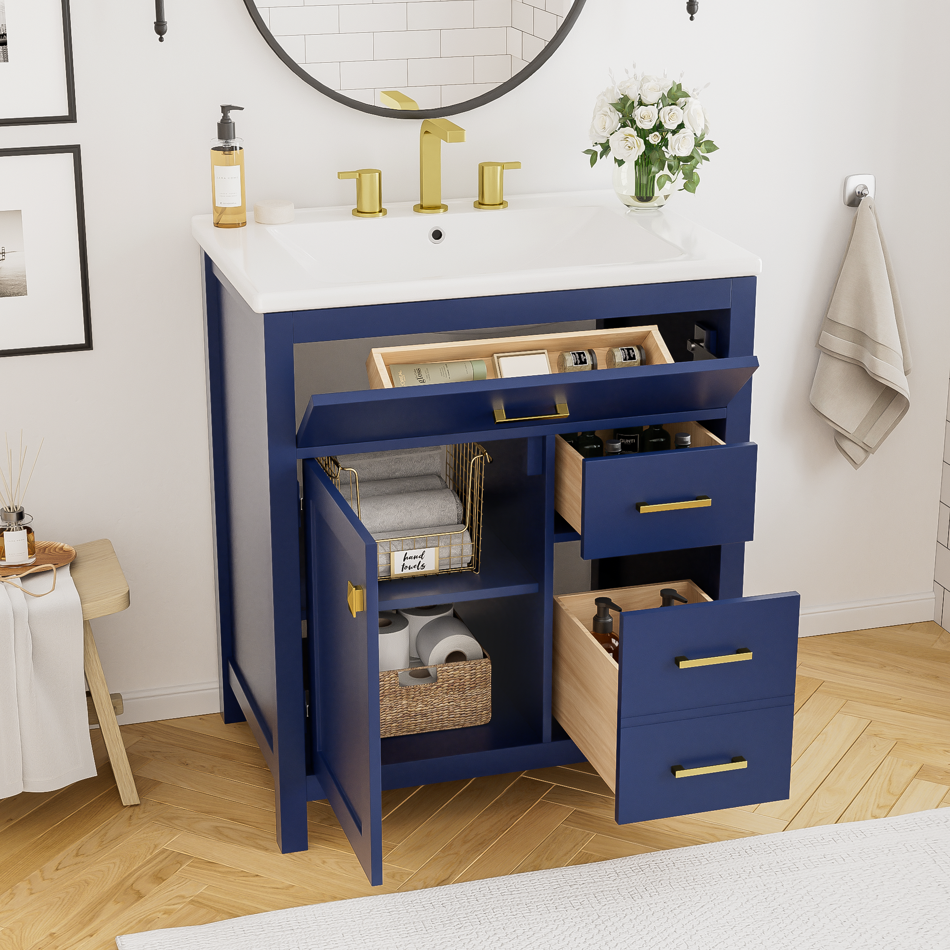 30-Inch Blue Bathroom Vanity with Ceramic Sink and Ample Storage - Ideal Choice for Small Bathrooms - Korvel