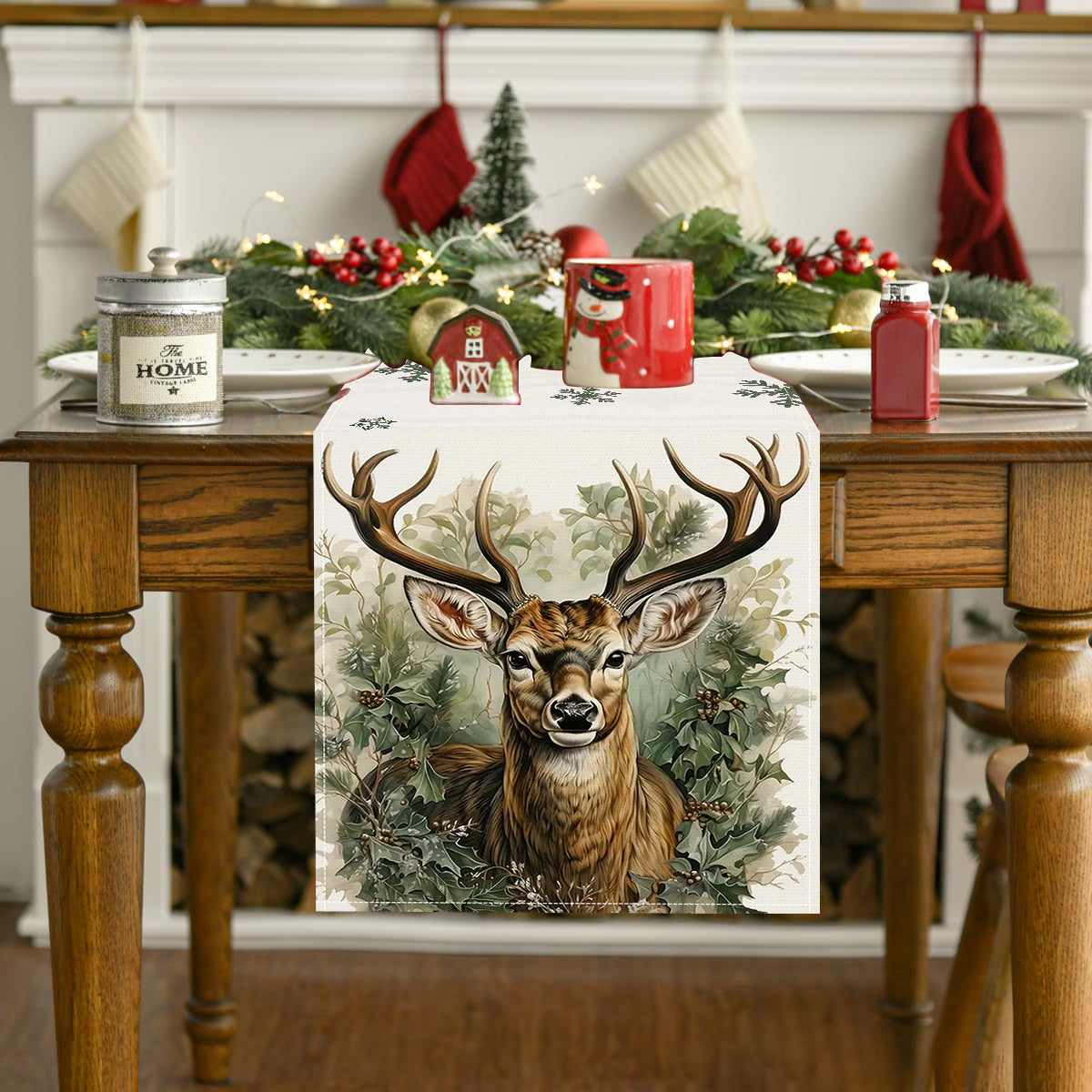 Reindeer Printed Linen Table Runner for Holiday Decor