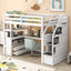 Twin Size Loft Bed with Desk and Shelves  Two Built-in Drawers  Storage Staircase White - Korvel