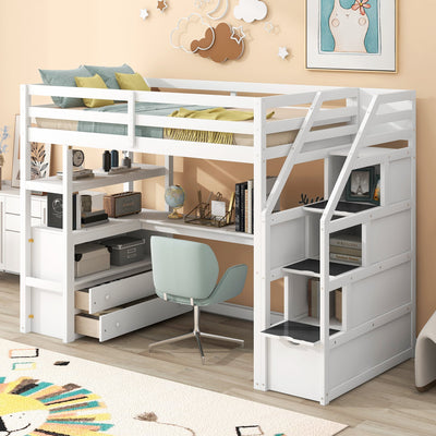 Twin Size Loft Bed with Desk and Shelves  Two Built-in Drawers  Storage Staircase White - Korvel