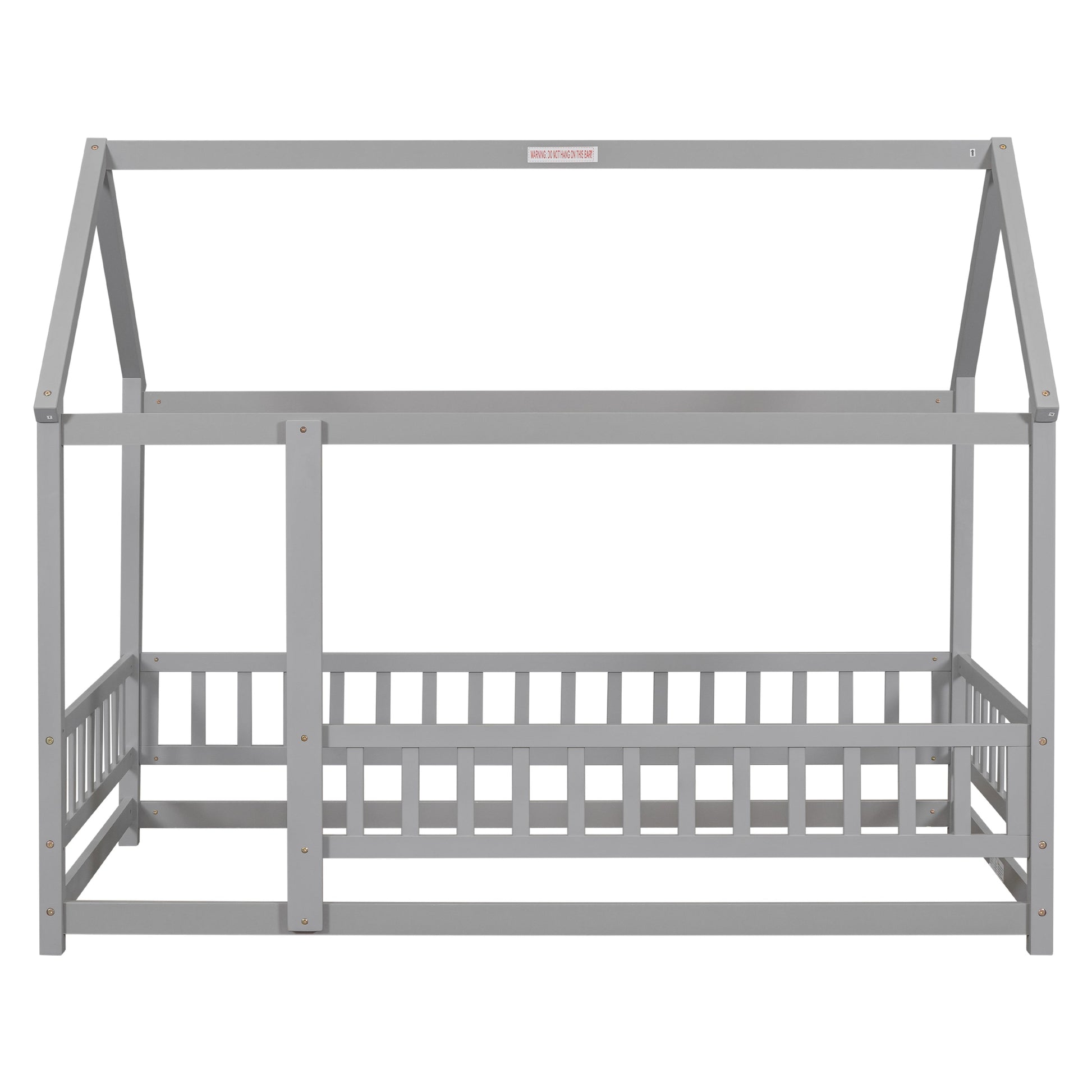 Twin Size Floor Wooden Bed with House Roof Frame, Fence Guardrails,Grey - Korvel