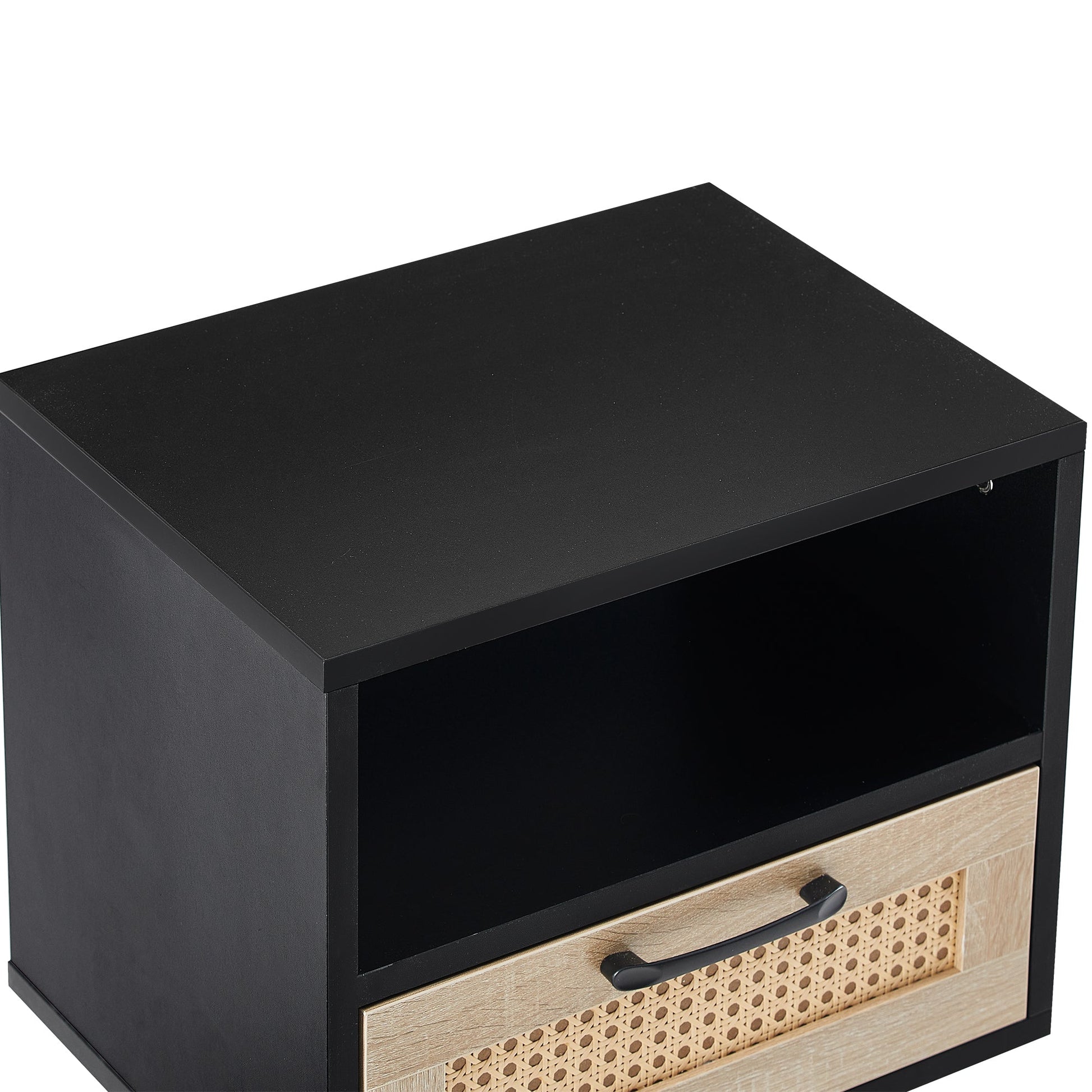 15.75" Rattan End table with drawer and solid wood legs Modern nightstand side table for living room black - Korvel