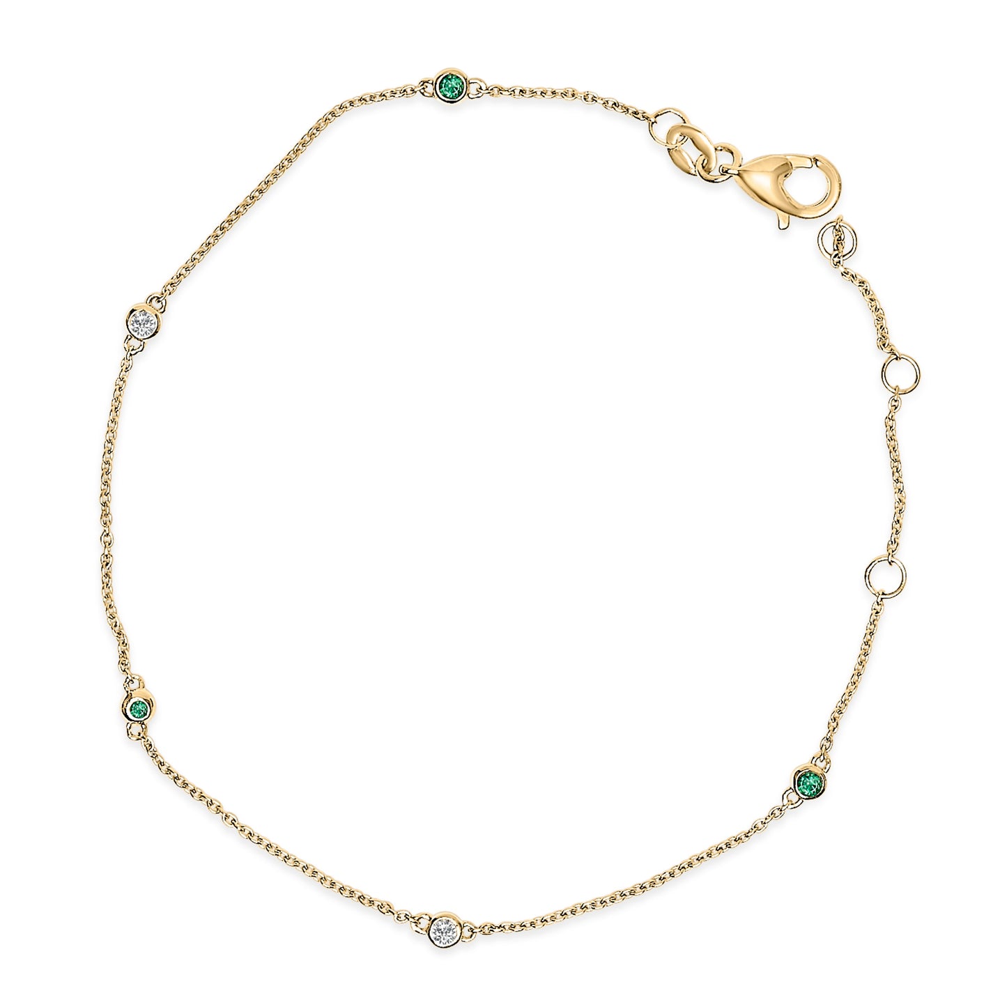 14K Yellow Gold Emerald and Diamond Bezel Station Bracelet - 7.5 inch