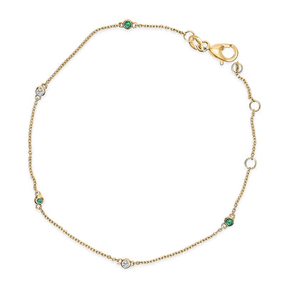 Pulsera de estación de esmeralda y diamante engastada en bisel de oro amarillo de 14K - 7.5 pulgadas