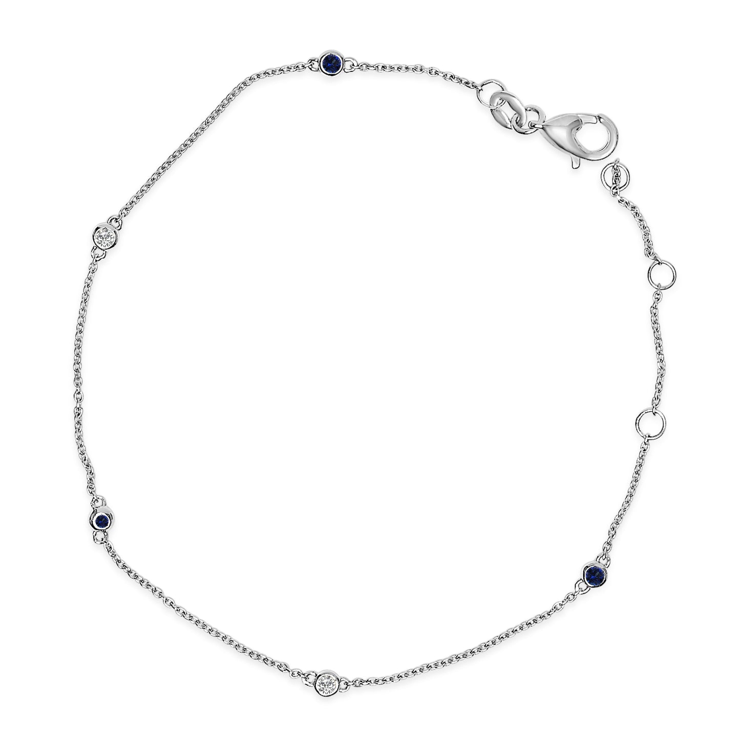 Bracelet en or blanc 14K avec saphirs bleus et diamants en sertissage à griffes - 7,5 pouces