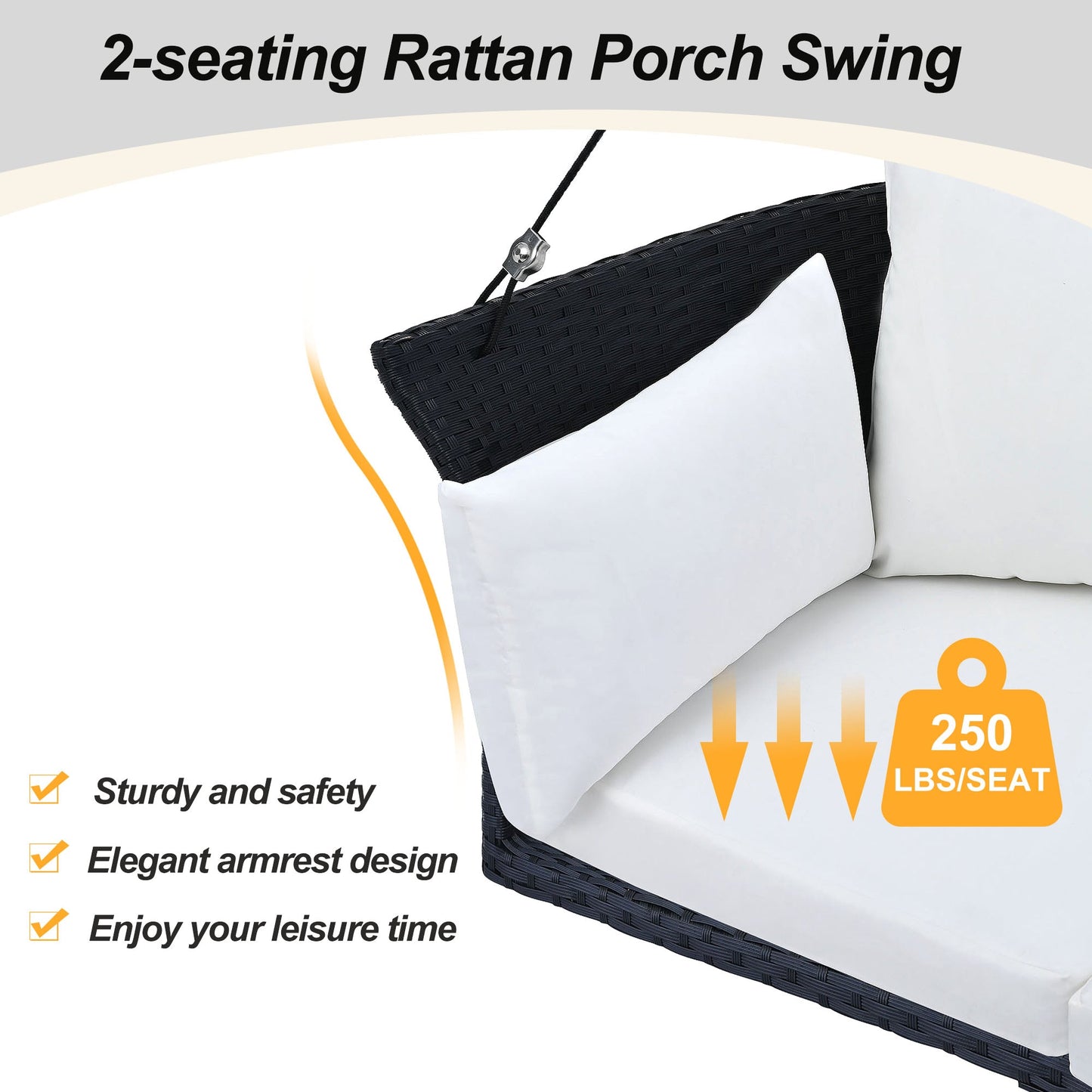 GO 51.9" 2-Person Hanging Seat, Rattan Woven Swing Chair, Porch Swing With Ropes, Black Wicker And White Cushion - Korvel