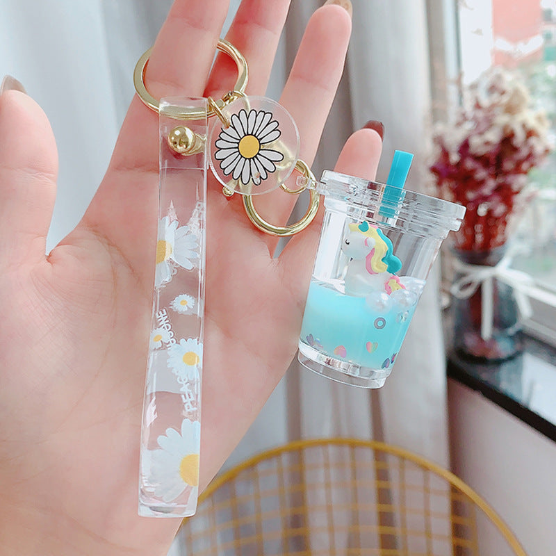 Glitter Quicksand Key Chain Liquid Floating Unicorn Keyring Keychain Bag Charm Milk Tea Cup Pendant Keyfob Gift for Women - Korvel