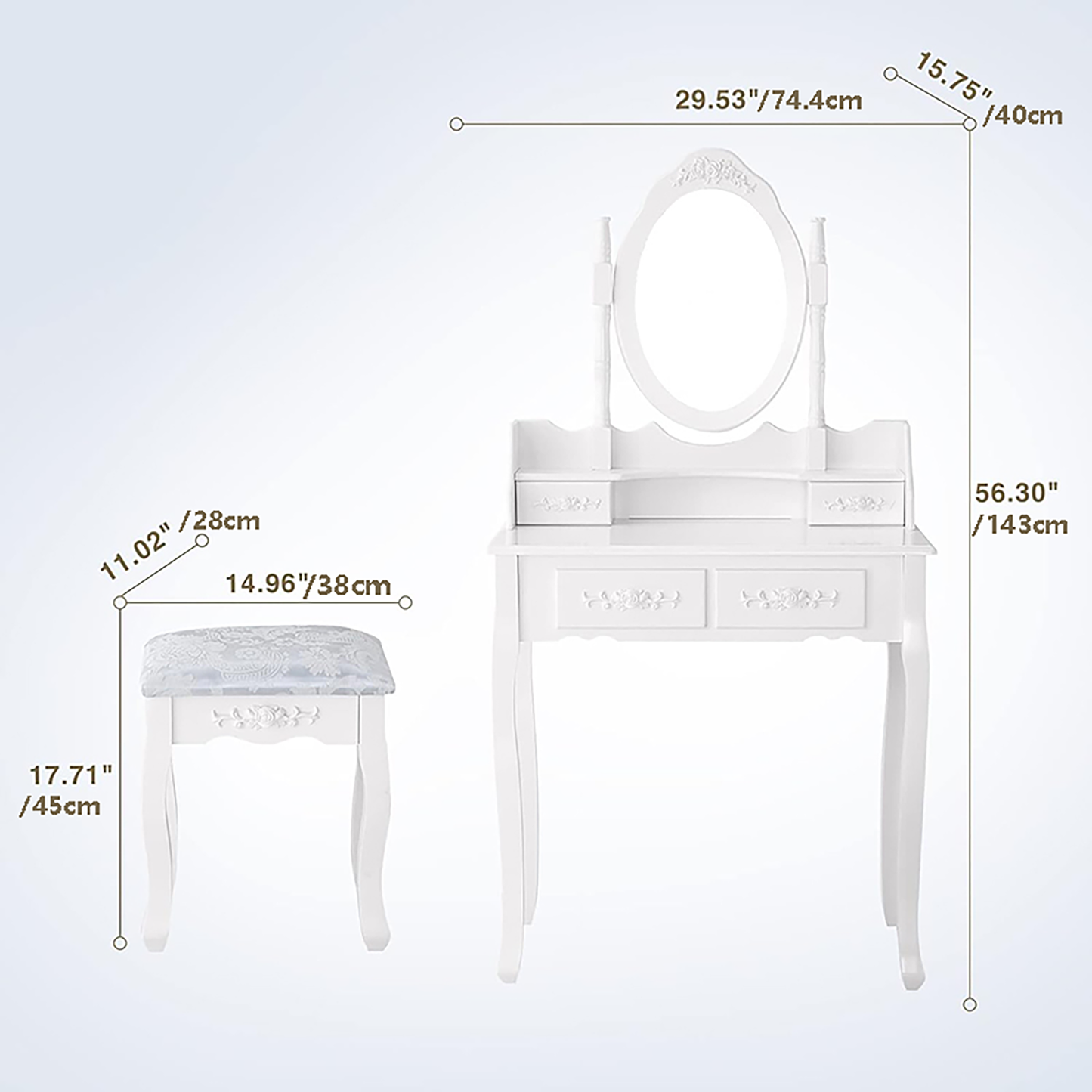 Vanity Table Set with 4 Drawer, Makeup Dressing Table w/Cushioned Stool, Girls Women Bedroom Furniture Set Oval Mirror - Korvel