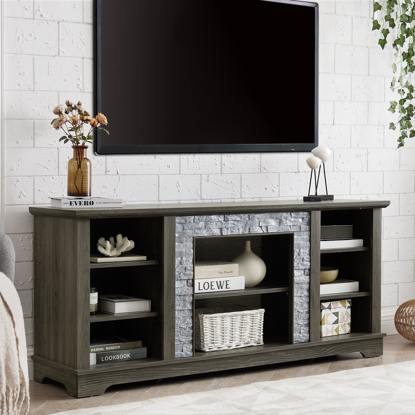 Mantel Stone modern entertainment console, manually stacked stone surrounds open storage space, gray - Korvel