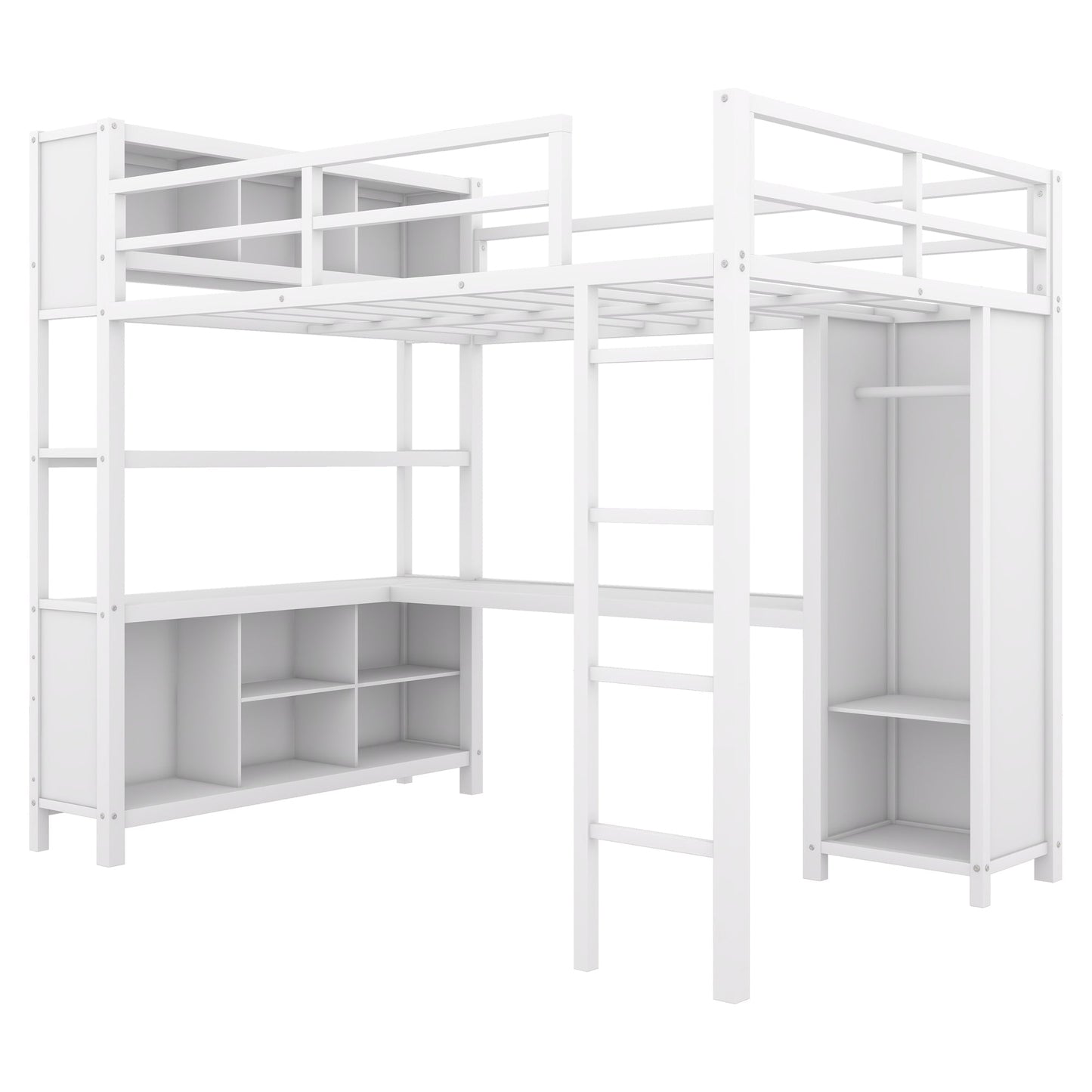 Metal loft bed with wardrobe and L-shaped desk, full-size loft bed with storage cabinet and shelf, white - Korvel