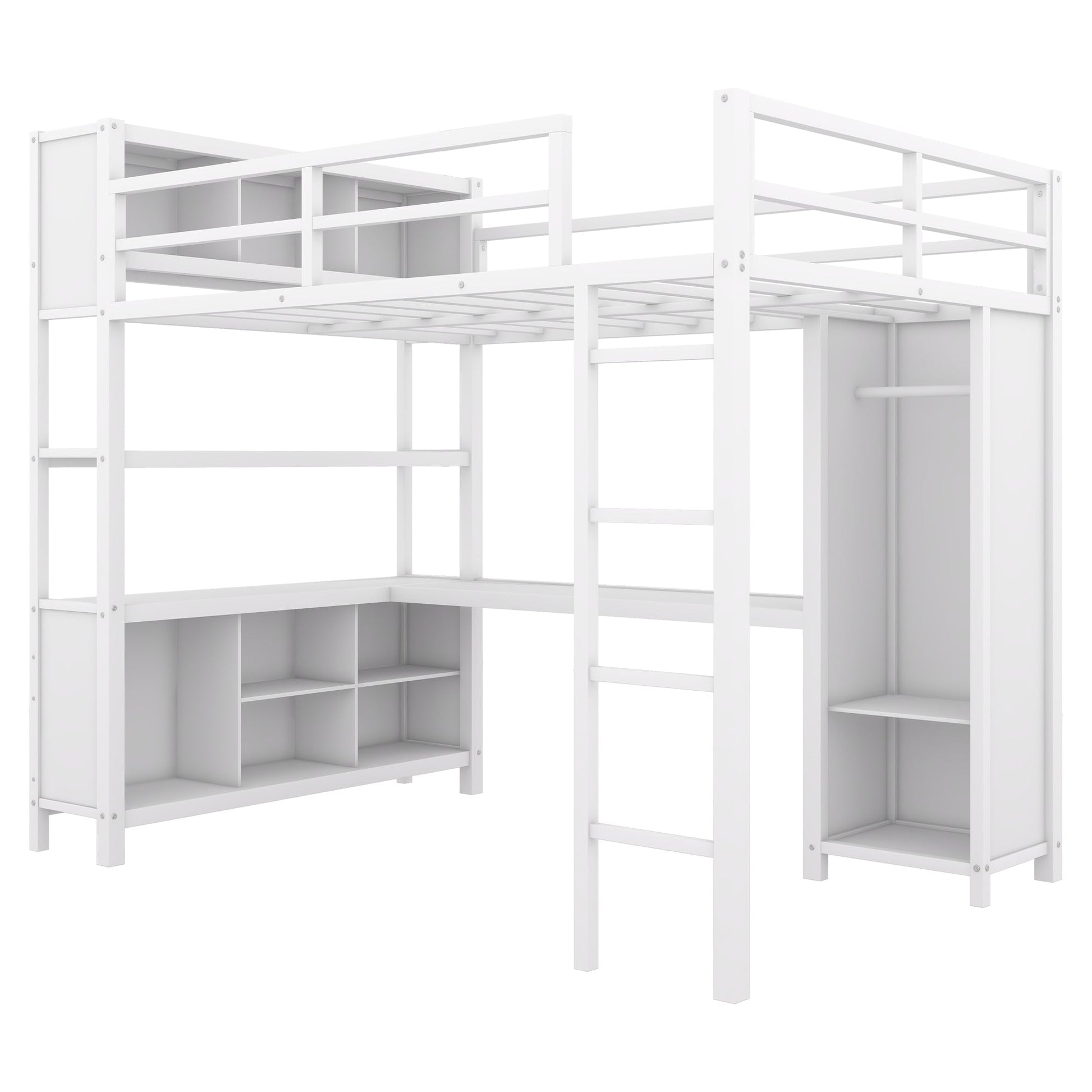 Metal loft bed with wardrobe and L-shaped desk, full-size loft bed with storage cabinet and shelf, white - Korvel