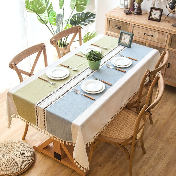 90x90 cm Plaid Decorative Linen Tablecloth with Tassels