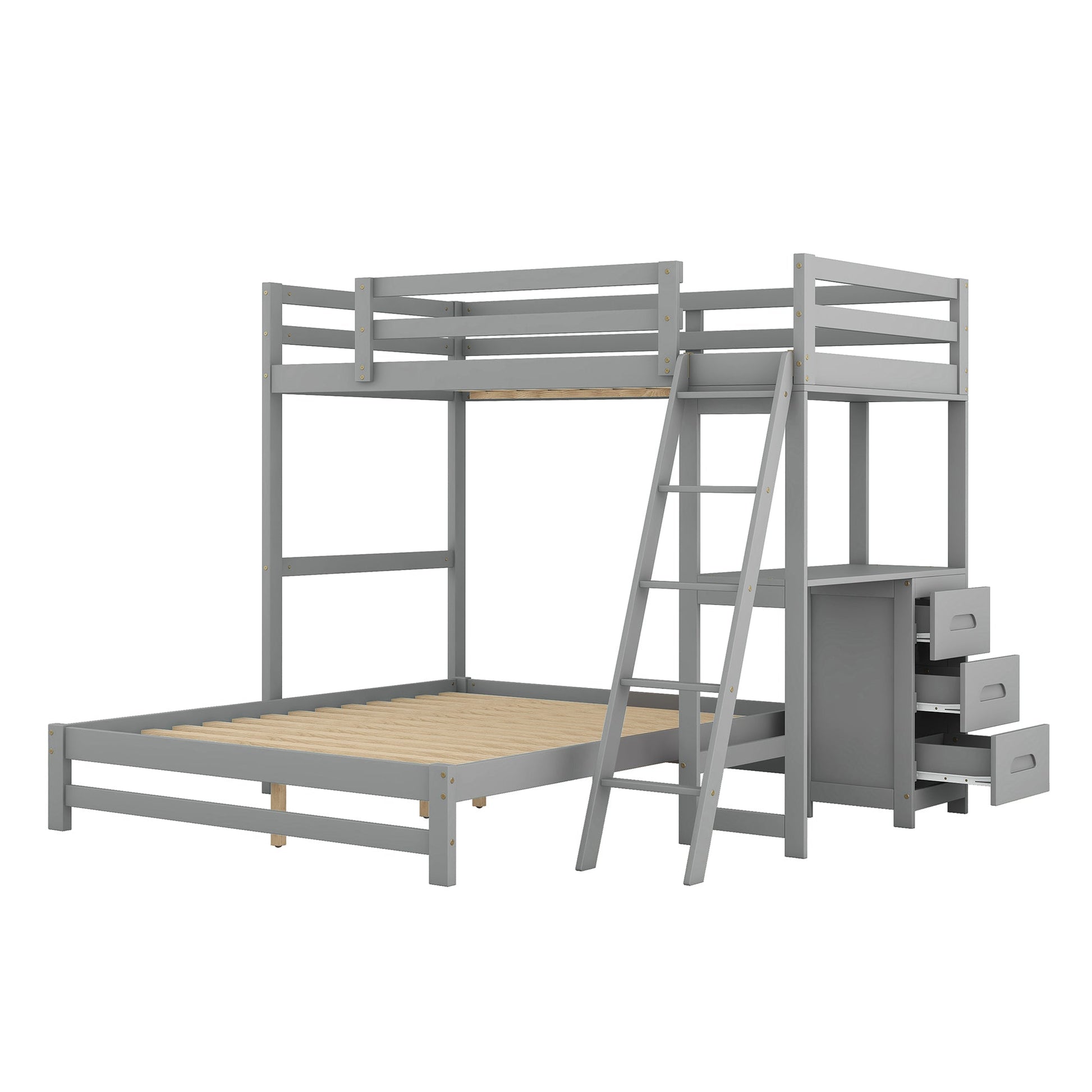 Twin over Full Bunk Bed with Built-in Desk and Three Drawers Grey - Korvel