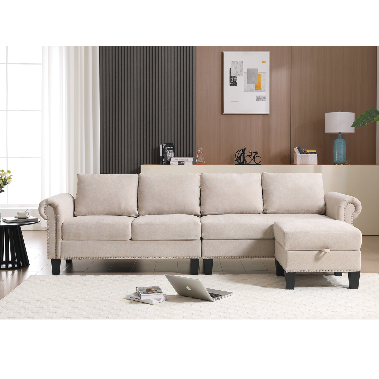 Sofá Seccional Convertible en Forma de L con Almacenamiento - Beige