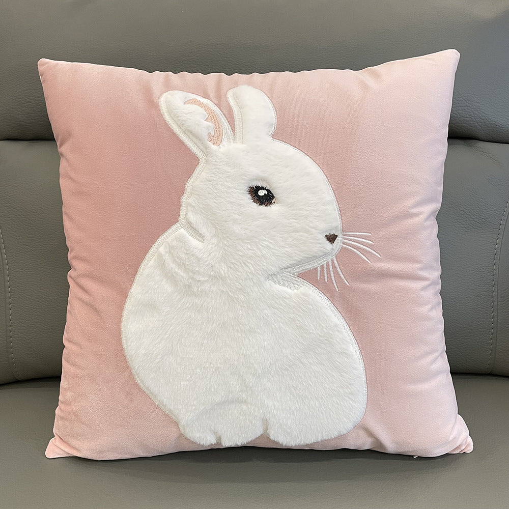 Charming Pink Bunny Velvet Pillow Cover