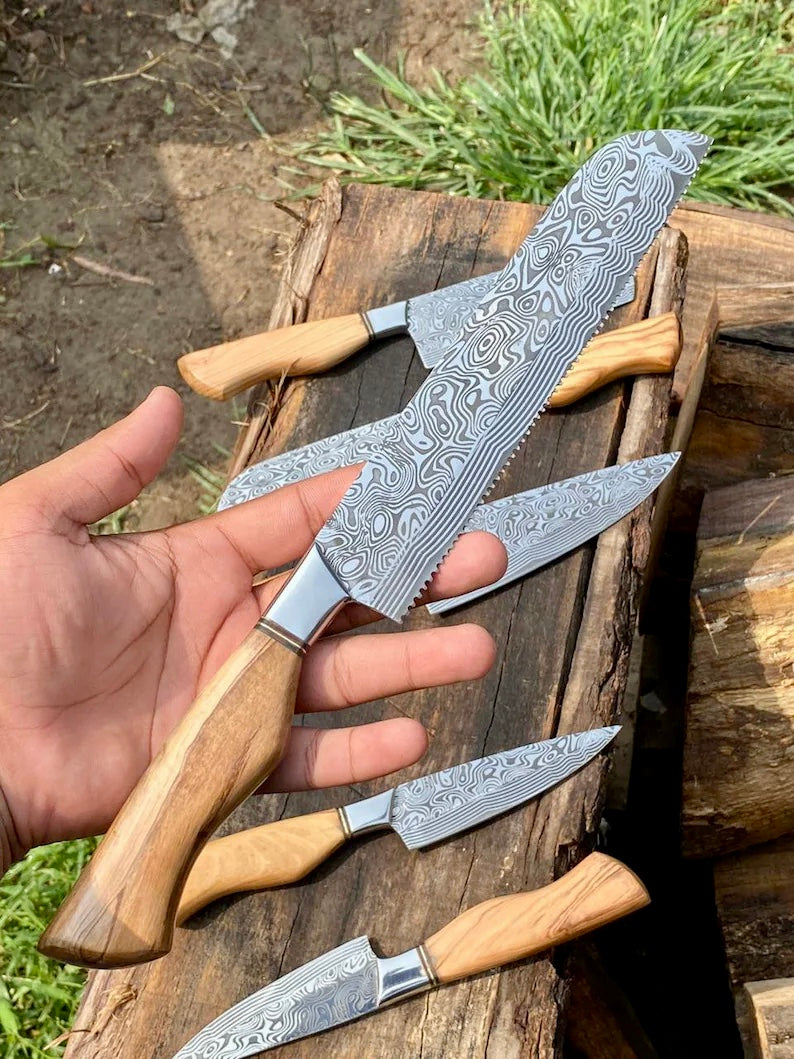 Premium Damascus Steel Kitchen Knife Set – 13" Blade with Olivewood Handle & Leather Sheath - Korvel