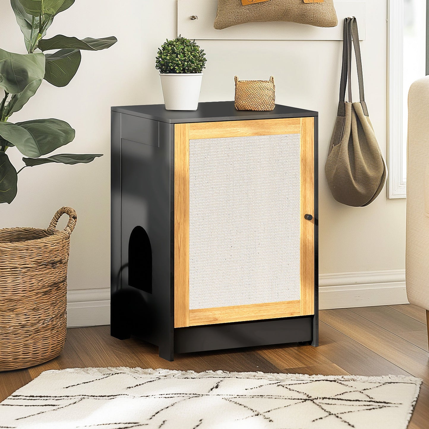 Elegant Cat Litter Box Enclosure with Sisal Door - Black