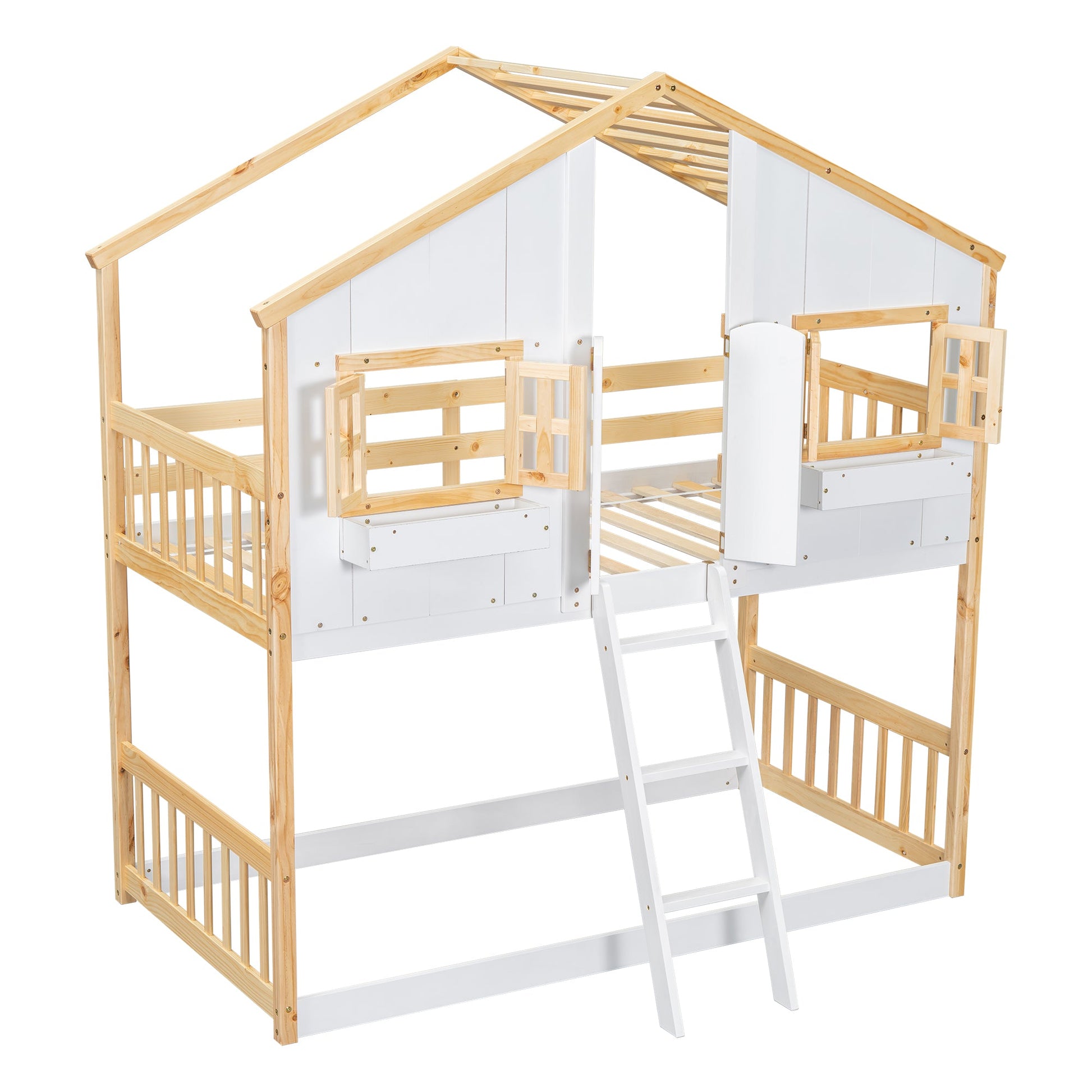 Twin over Twin House Bunk Bed with Roof , Window, Window Box, Door , with Safety Guardrails and Ladder, Natural/White - Korvel