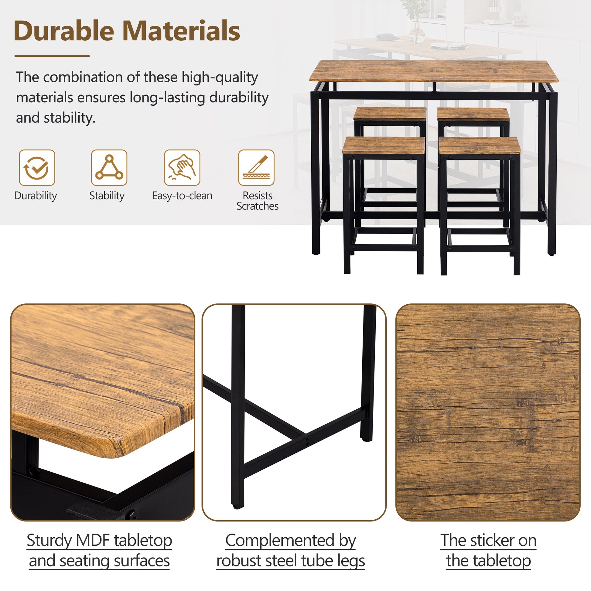 TREXM 5-piece compact bar table with table and stool - modern industrial design brown - Korvel