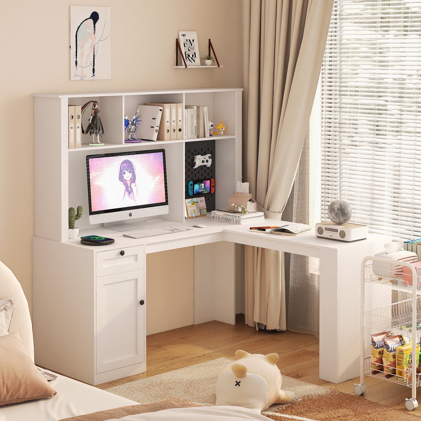 Corner gaming computer desk with socket, drawers, bookshelf and writing desk, modern L-shaped learning desk with storage space - Korvel