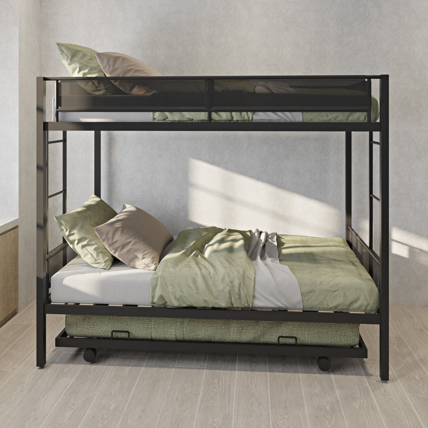 Metal double bed with casters/sturdy frame/no noise/comfortable guardrail/2 side ladders/no need for spring box - Korvel