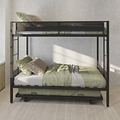 Metal double bed with casters/sturdy frame/no noise/comfortable guardrail/2 side ladders/no need for spring box - Korvel