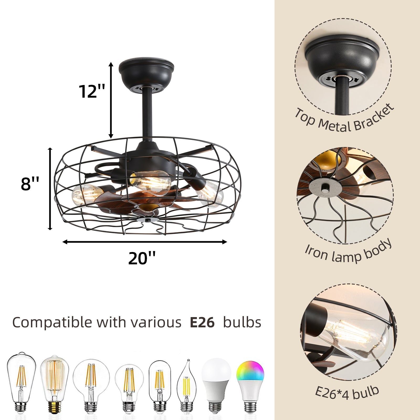 19inch Cage Retro Reiling Fan with Lights - Korvel