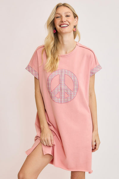 Robe Mini à Manches Courtes en Plaid Appliqué Peace pour Femmes