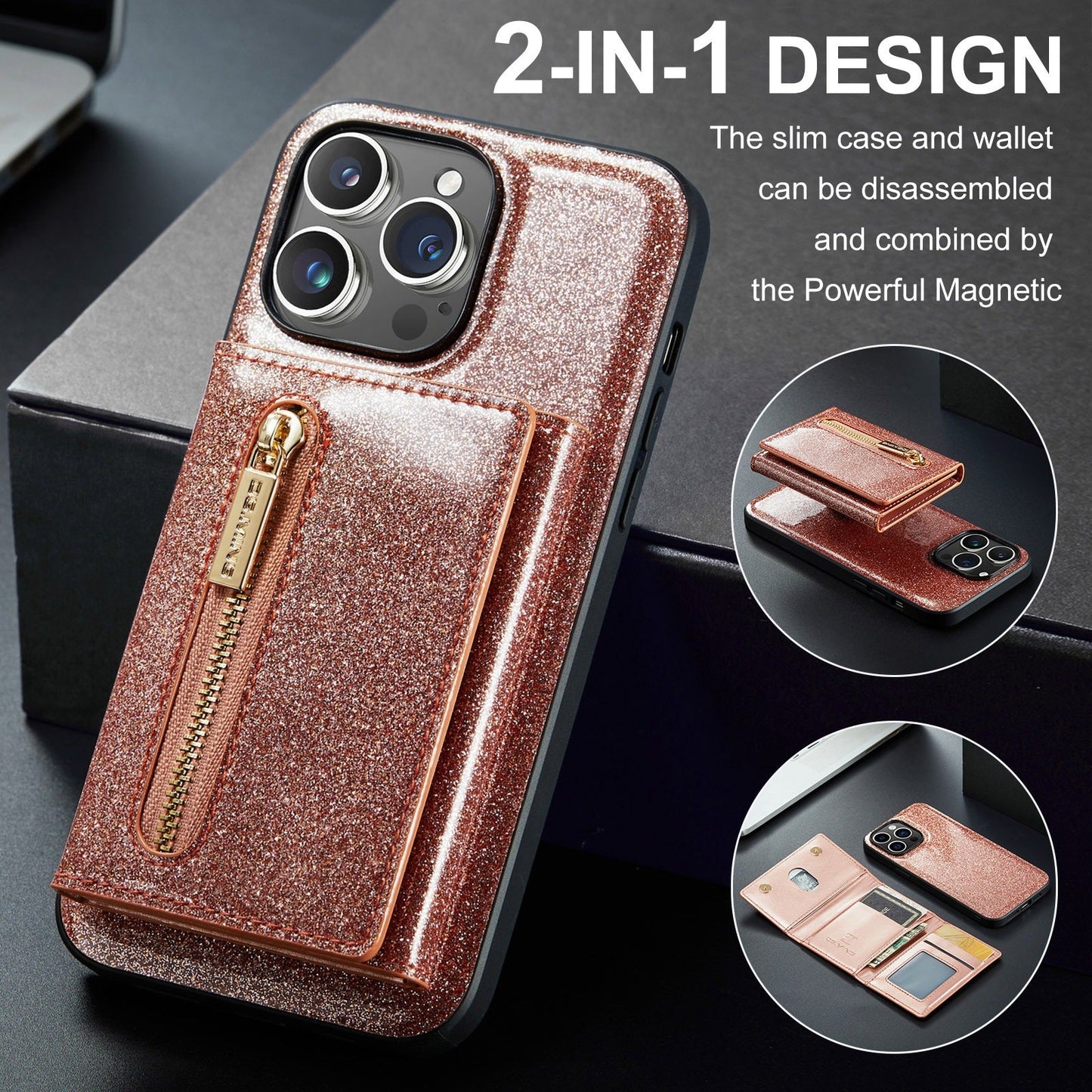 Coque de protection portefeuille M3 Glitter pour iPhone 14 Pro Max