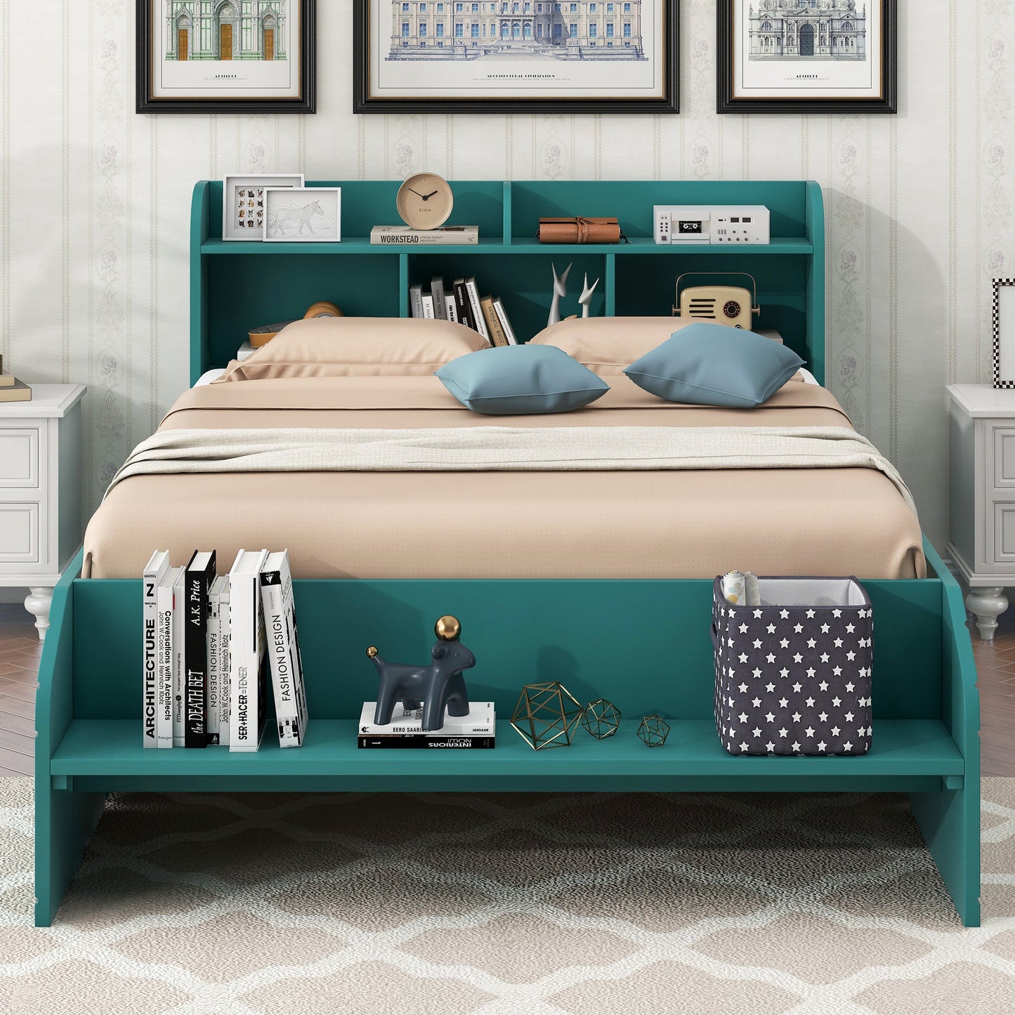 Wood Full Size Platform Bed with 2 Drawers, Storage Headboard and Footboard, Dark Green - Korvel