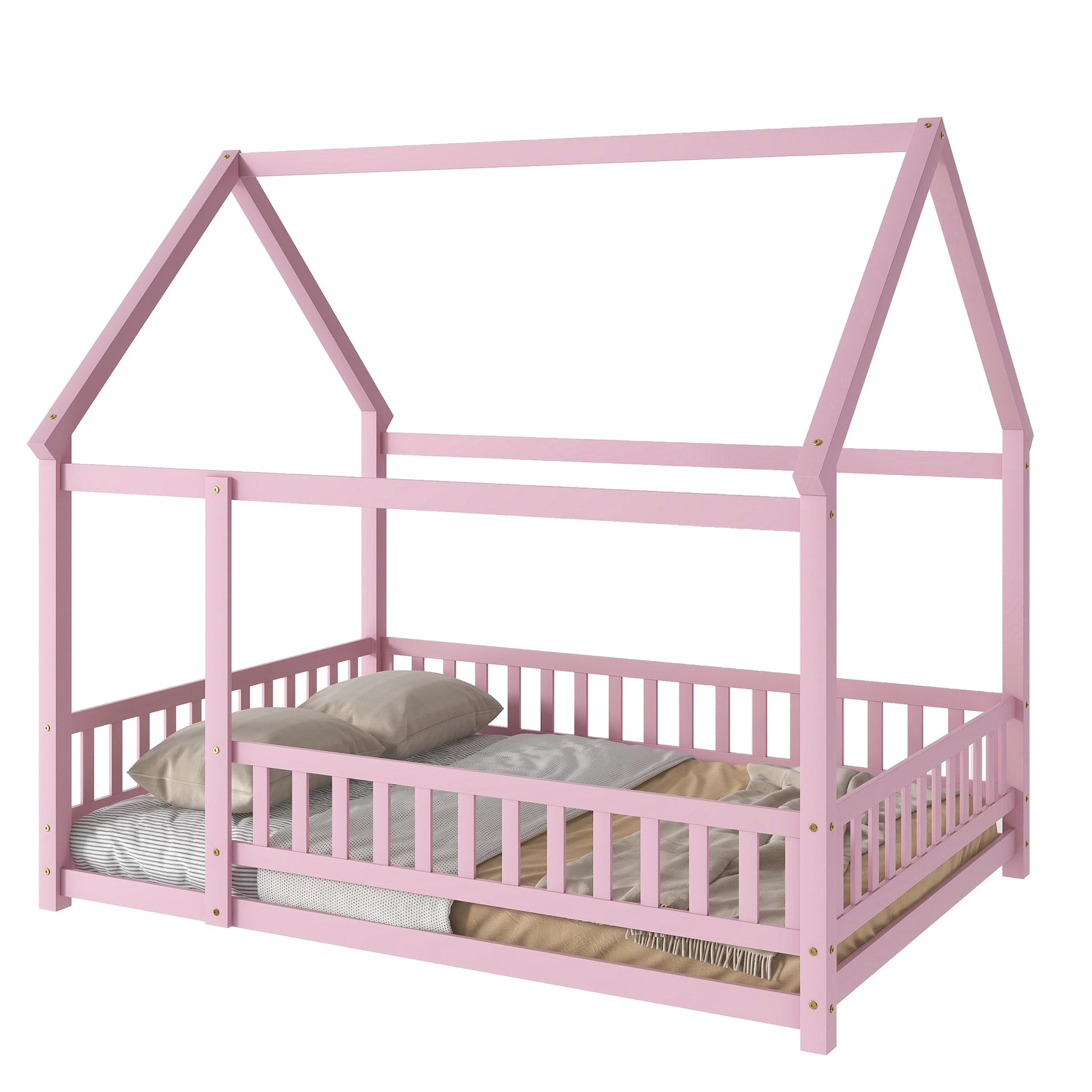 Full Size Floor Wooden Bed with House Roof Frame, Fence Guardrails ,Pink - Korvel