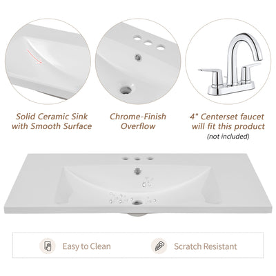 36" Single Bathroom Vanity Top with White Basin, 3-Faucet Holes, Ceramic, White - Korvel