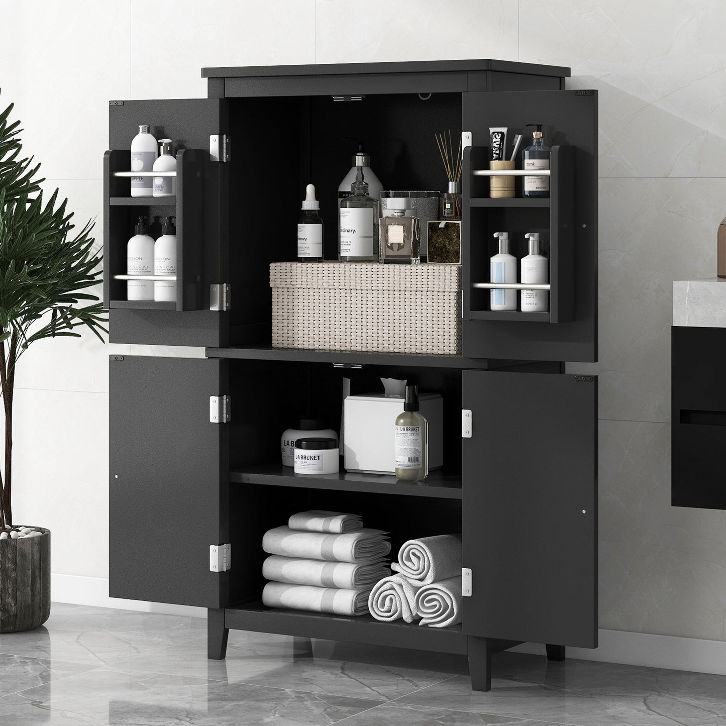 Elegant Black Bathroom Floor Storage Cabinet with Adjustable Shelves