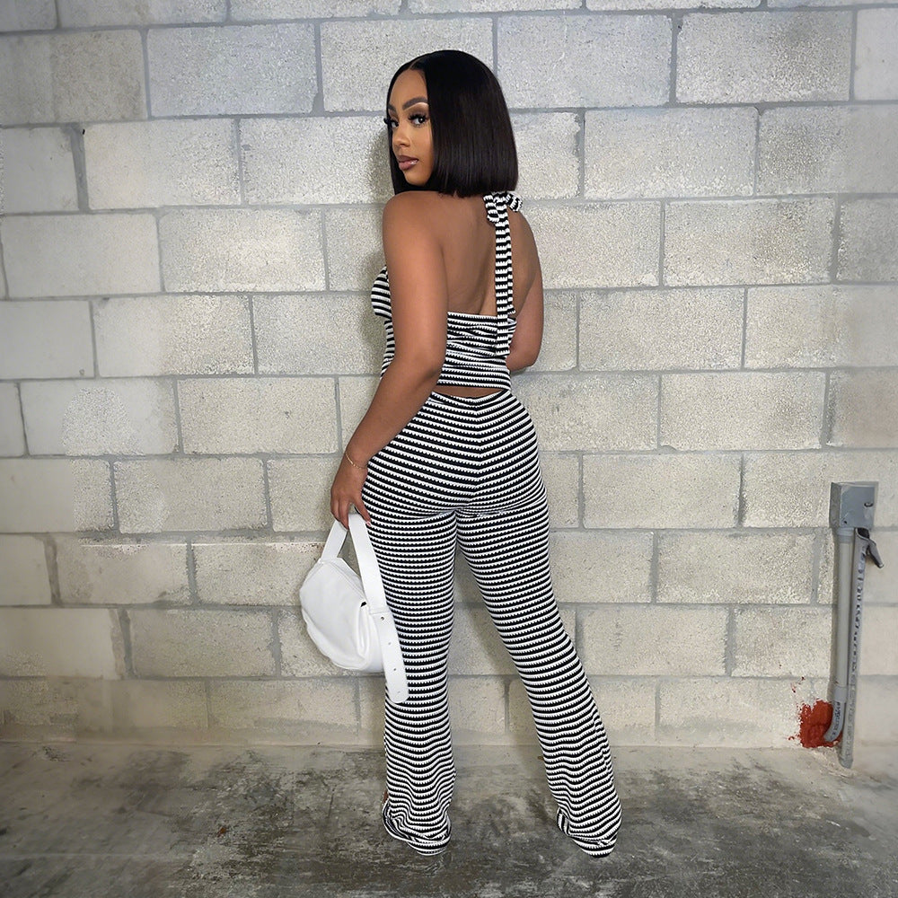 Belted Short Top with Slim Pencil Skirt Two-Piece Set in Jacquard Stripe - Korvel