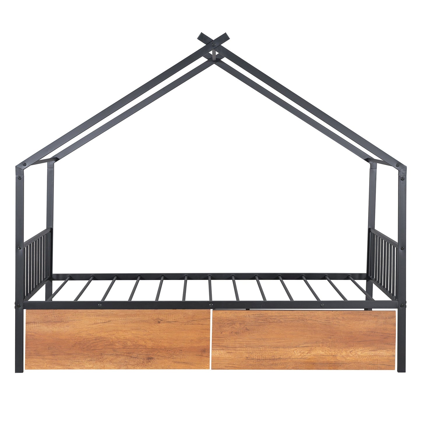 Twin Size Metal House Bed with Two Drawers - Black
