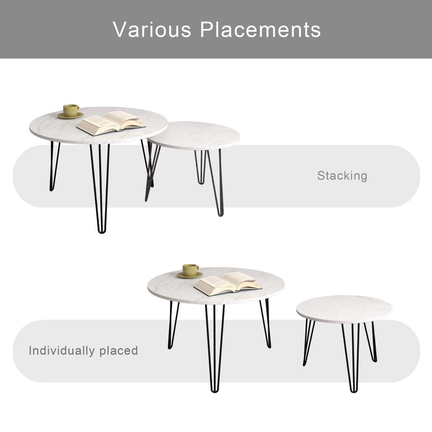 Ensemble de 2 tables basses rondes empilables de 27,56'' - Blanc