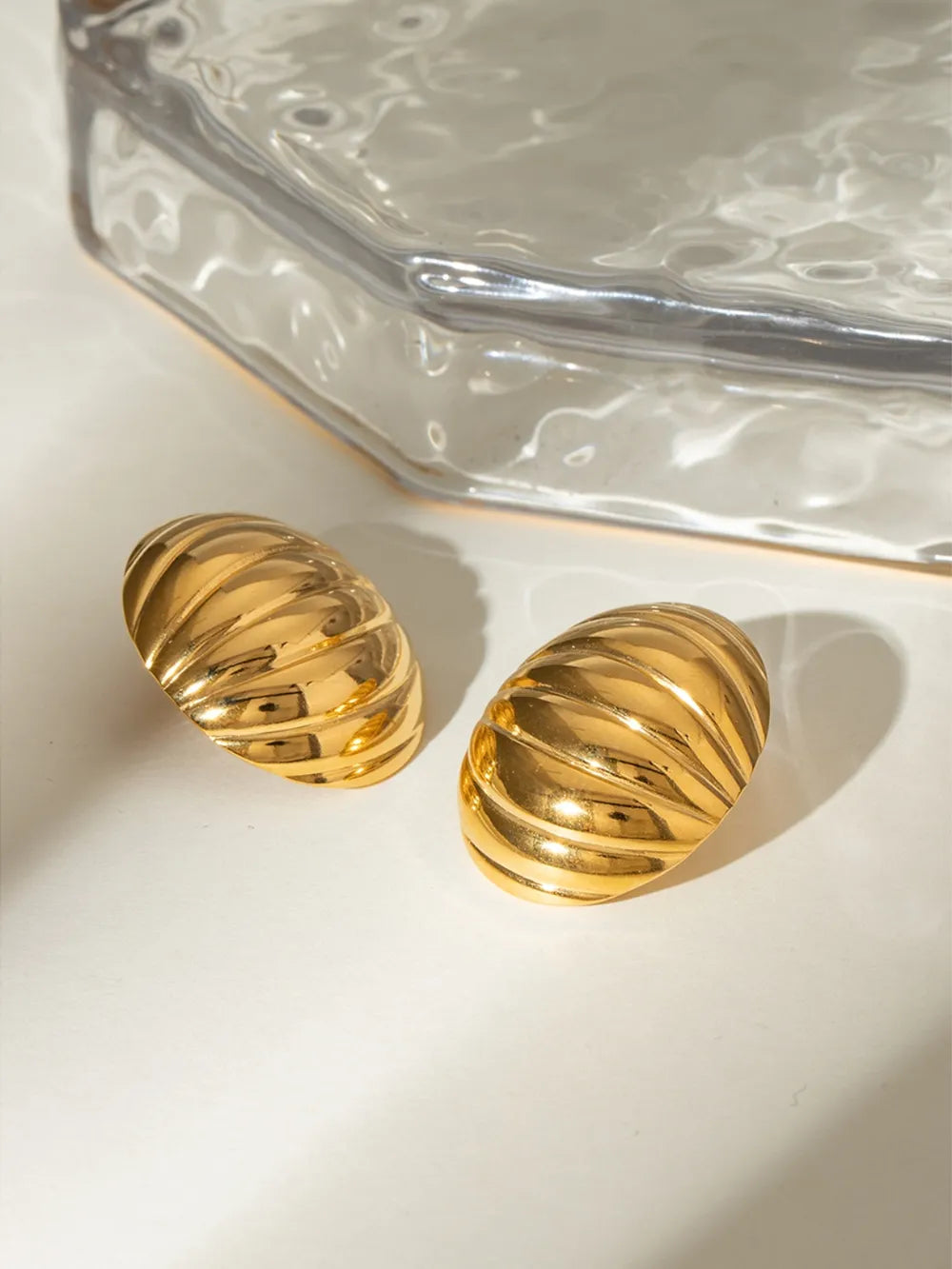 18K Gold-Plated Stainless Steel Ribbed Earrings - Korvel