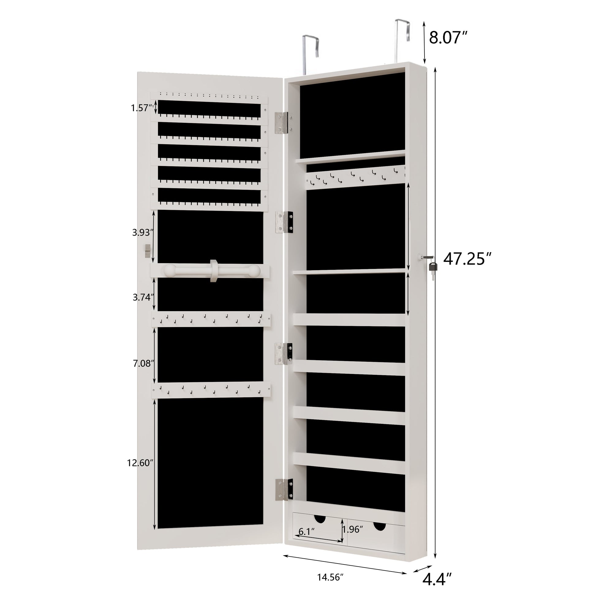 Mirror jewelry cabinet, 47.2-inch large capacity lockable jewelry organizer, wall mounted mirror, with white jewelry storage - Korvel