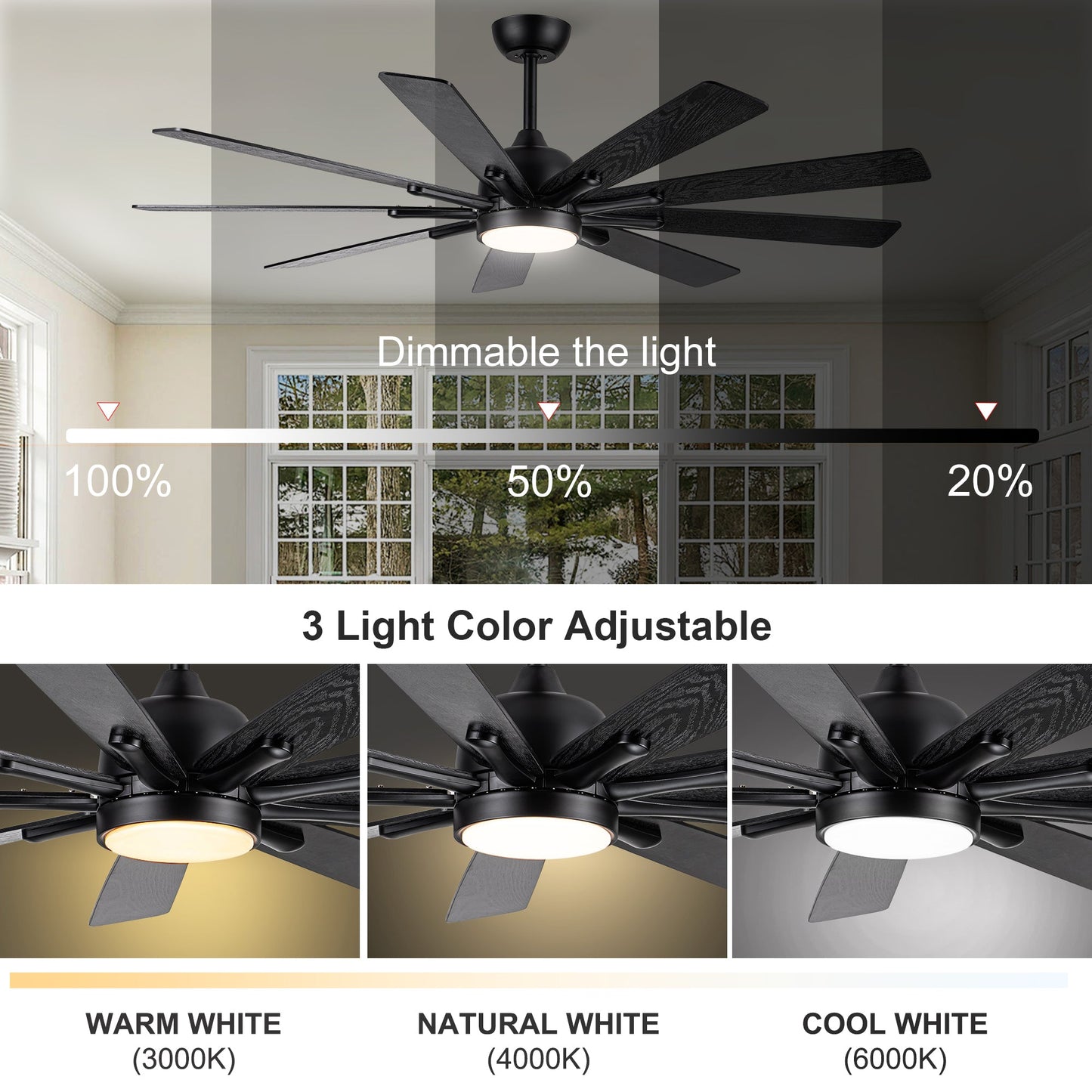 Modern Farmhouse 62-Inch Black Ceiling Fan with Smart Control