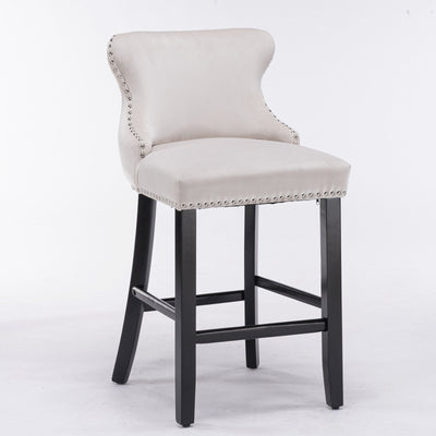 Velvet padded wing back bar stool with button tuft decoration and wooden leg chrome nail head decoration 2-piece set (beige) - Korvel