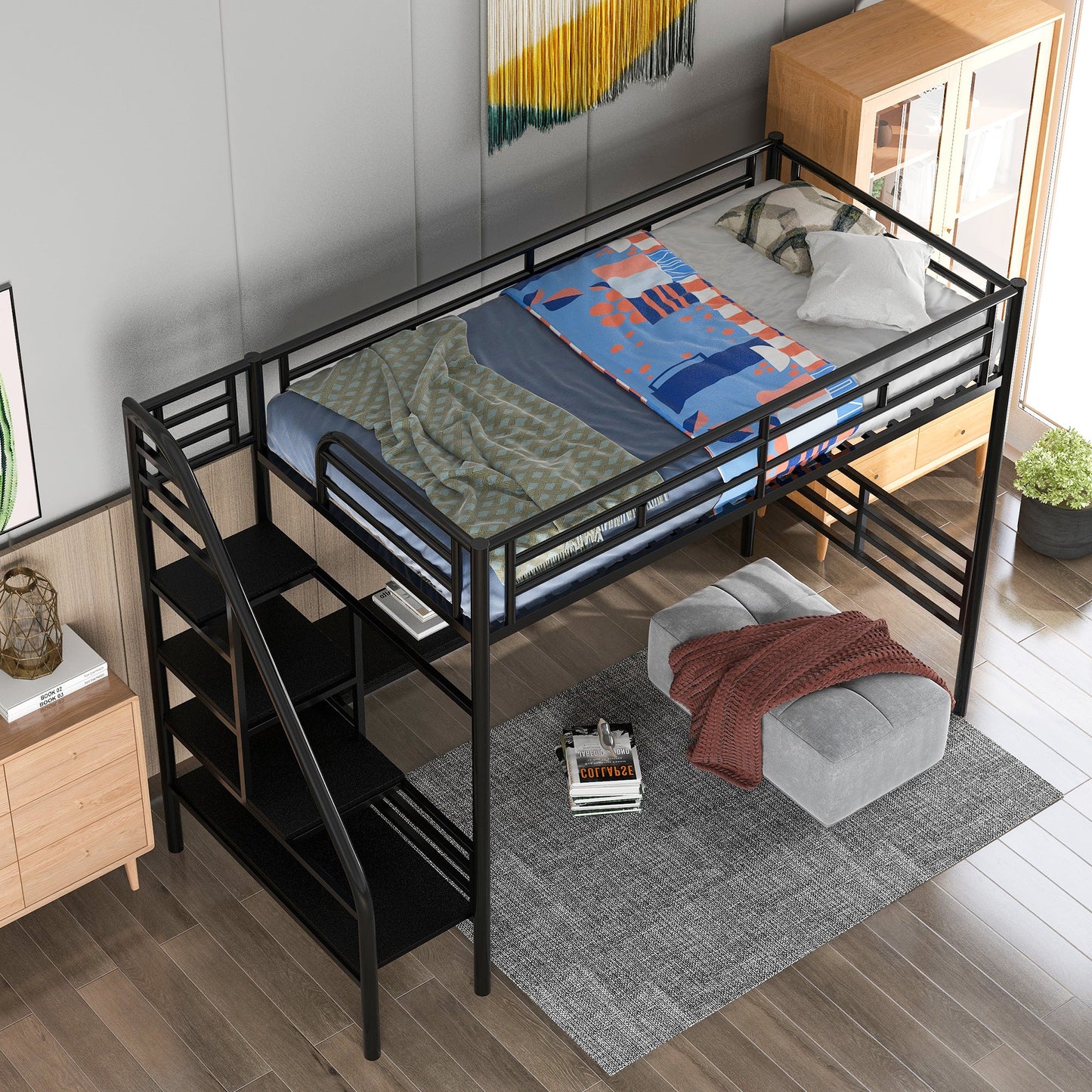 Metal Loft Bed Frame with Desk  No Box Spring Needed Twin Black - Korvel