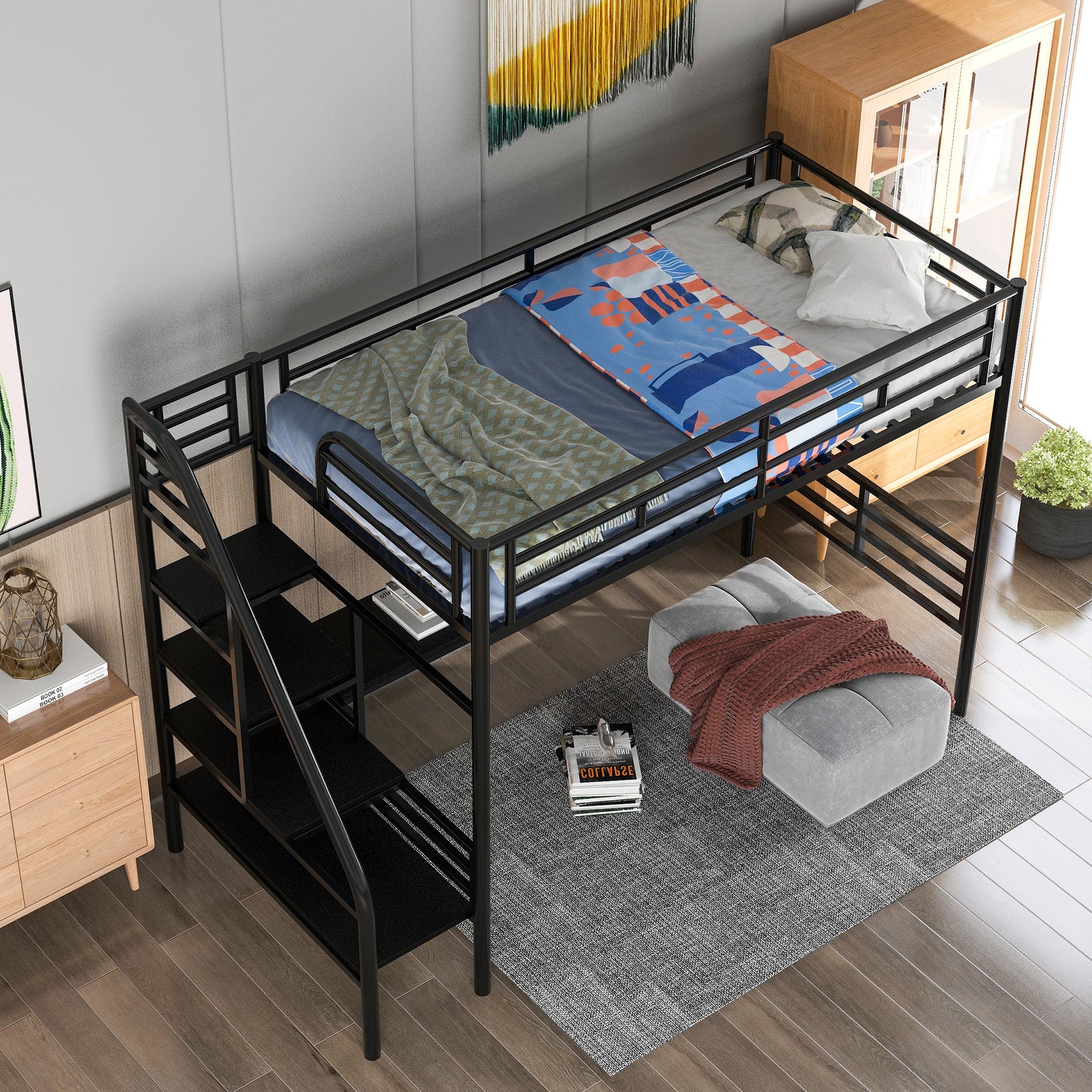 Metal Loft Bed Frame with Desk  No Box Spring Needed Twin Black - Korvel