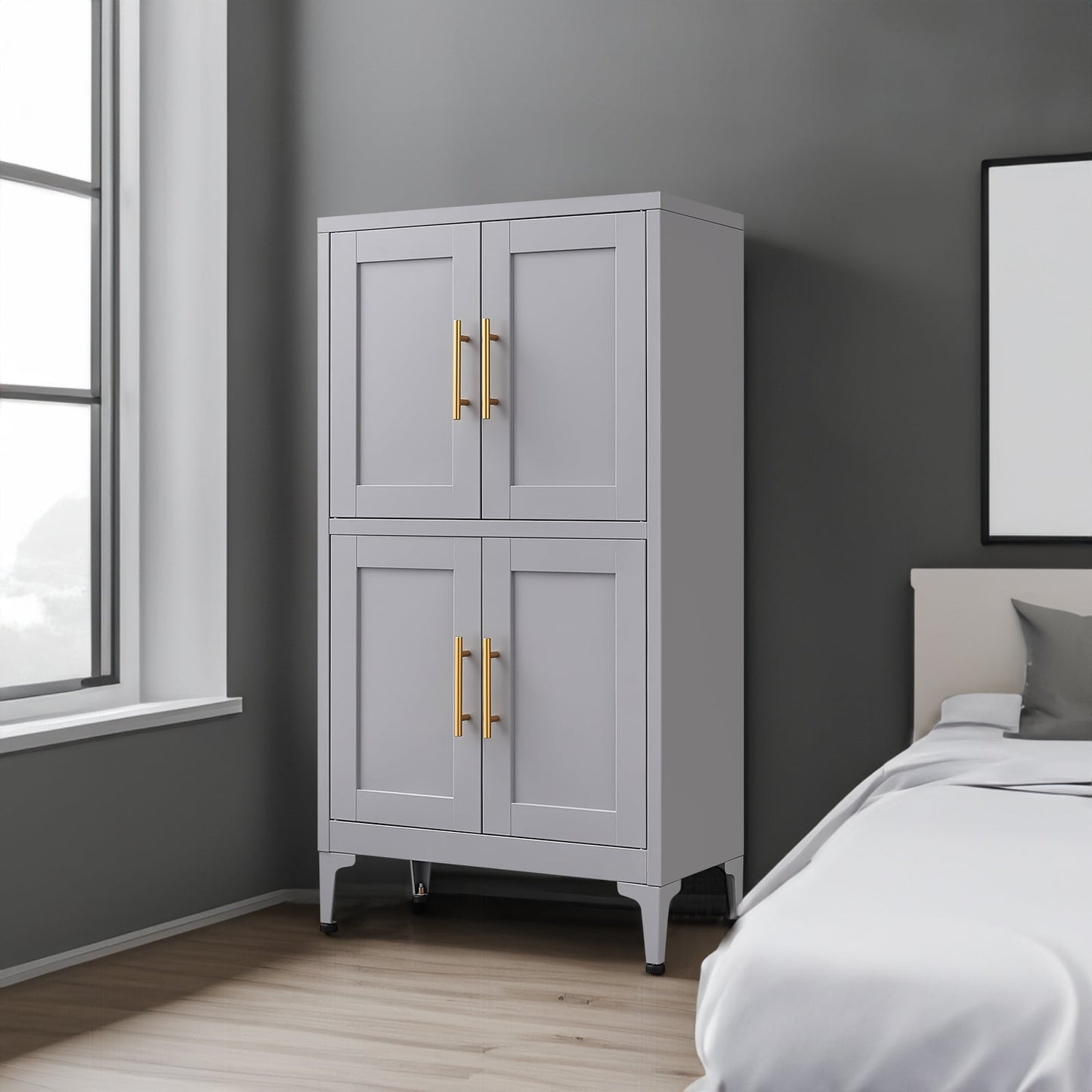 Grey metal kitchen storage cabinet, kitchen pantry storage cabinet with door and shelf, adjustable leveling feet - Korvel