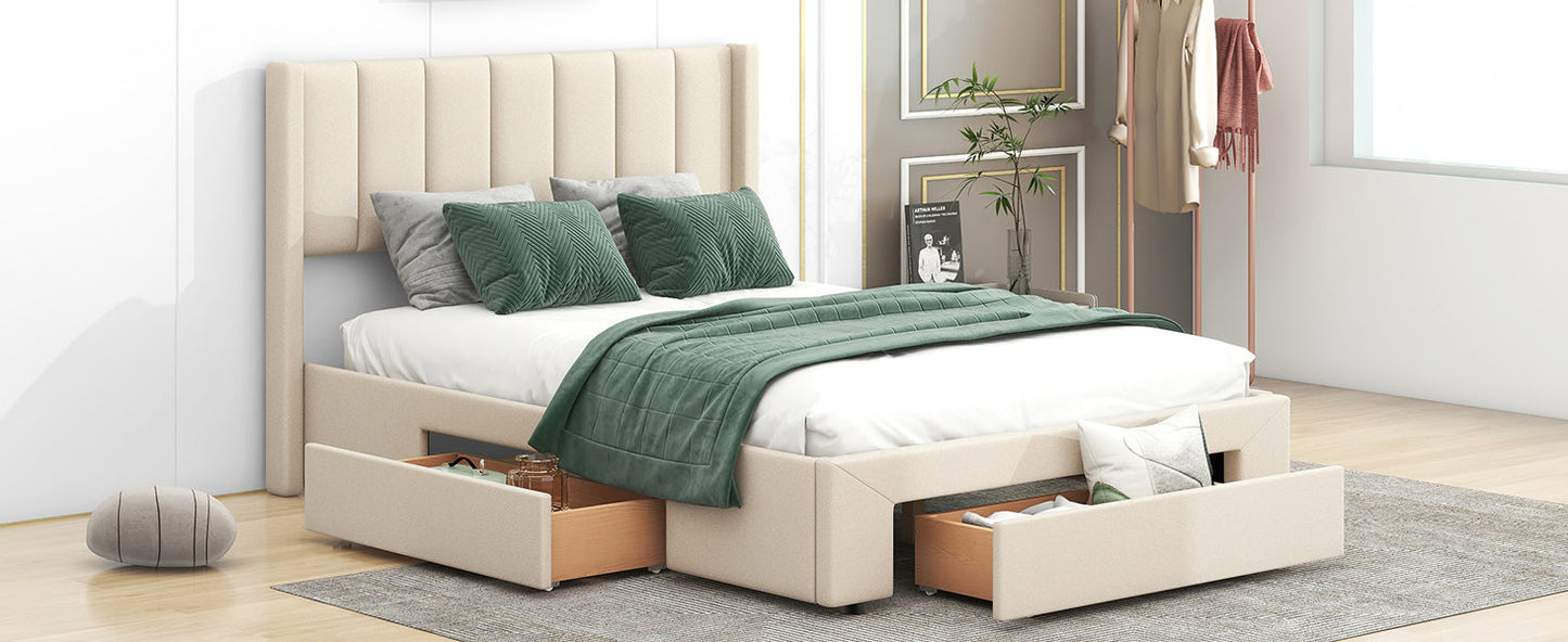 Full Size Upholstered Platform Bed with One Large Drawer in the Footboard and Drawer on Each Side Beige - Korvel
