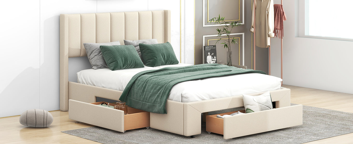 Full Size Upholstered Platform Bed with One Large Drawer in the Footboard and Drawer on Each Side Beige - Korvel