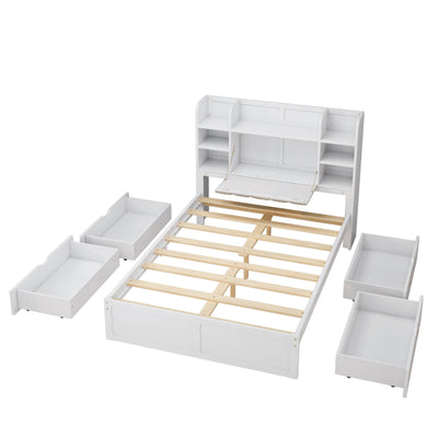 Multi-functional Full Size Bed Frame with 4 Under-bed Portable Storage Drawers and Multi-tier Bedside Storage Shelves White - Korvel