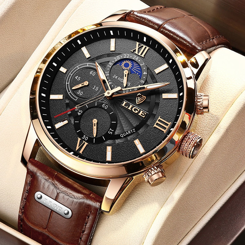 LIGE Men's Watches Top Brand Luxury Men Wrist Watch Leather Quartz Watch Sports Waterproof Male Clock Relogio Masculino+Box - Korvel