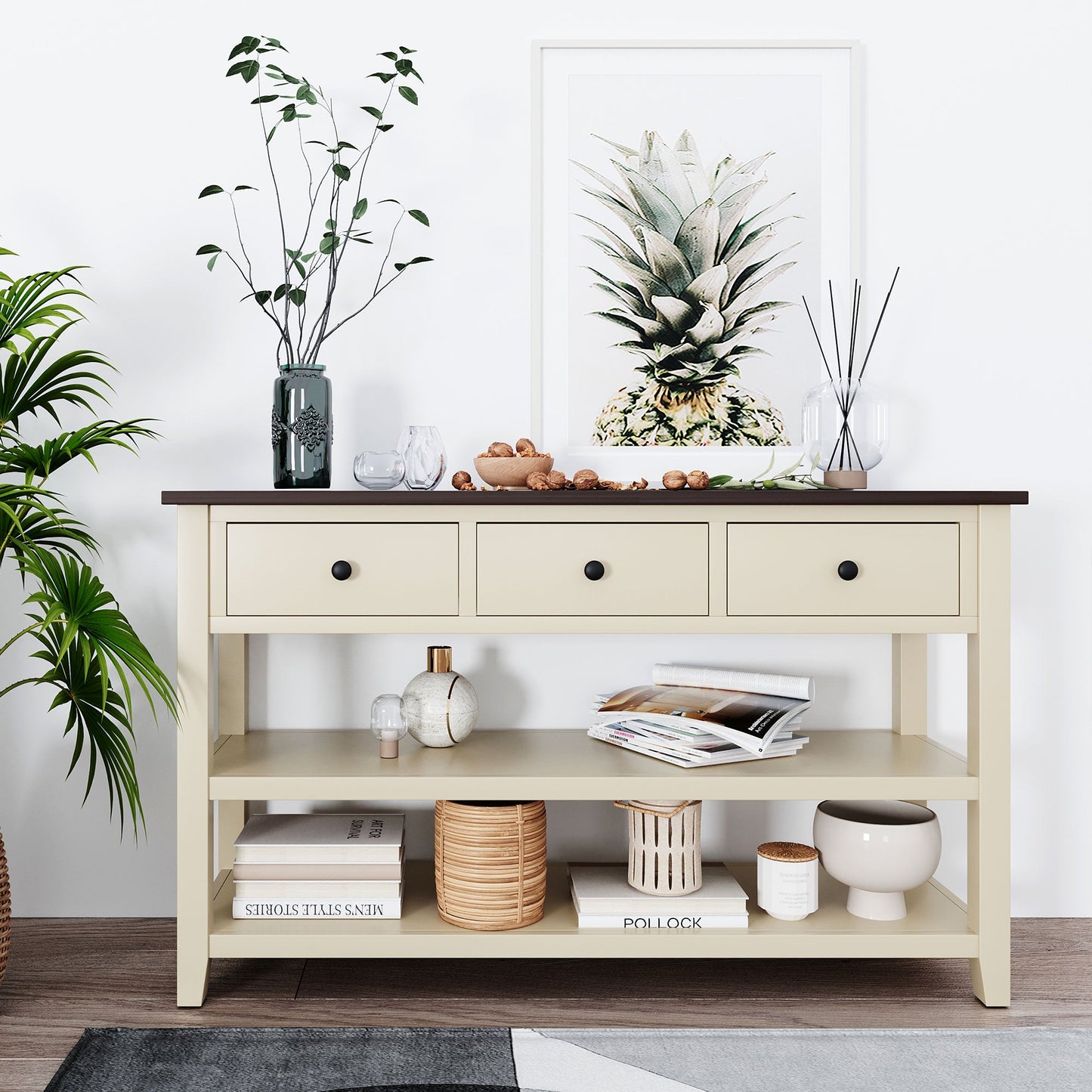 Table Console Rétro avec Étagères Ouvertes - Espresso et Beige