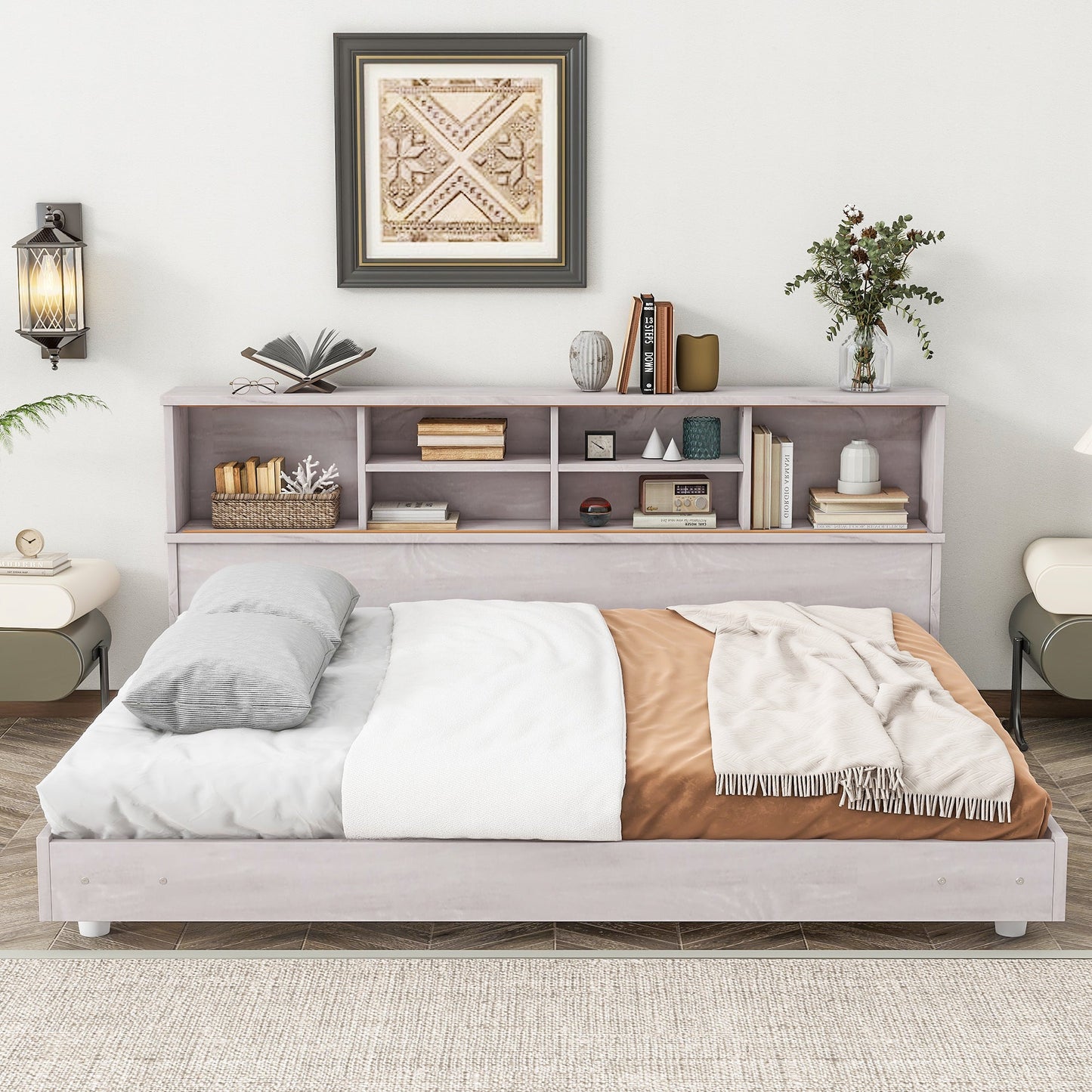Full Size Daybed Frame with Storage Bookcases - White Oak